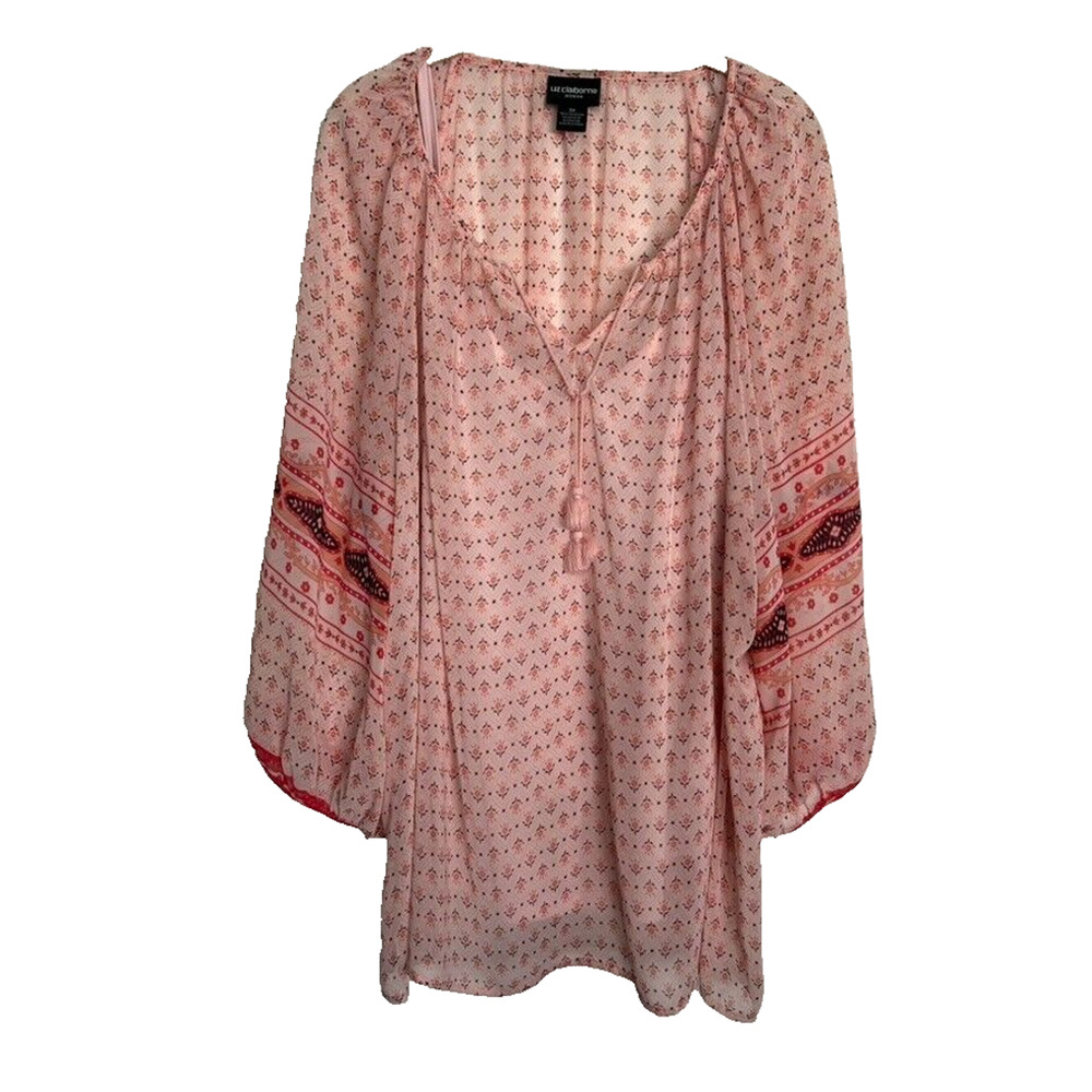 Liz Claiborne Pink Blouse Womens 3X 2 Piece Boho Peasant Long Sleeve Semi Sheer